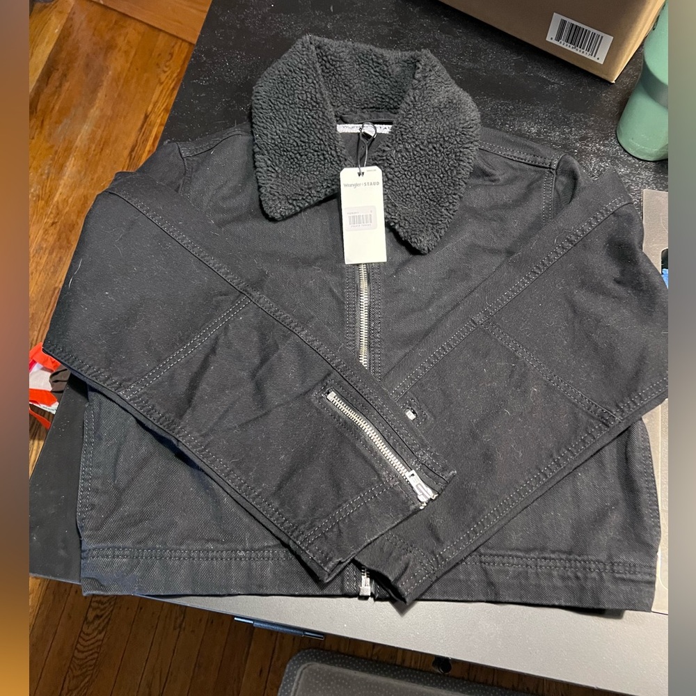 NWT Wrangler + Staud Minimalist Black Jean Jacket with Black Sherpa Collar Sz S